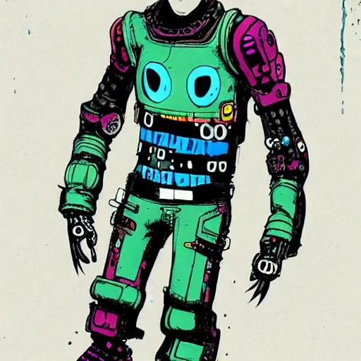 Prompt: cyberpunk octopus wearing a jumpsuit, in the style of Ashley Wood and Jamie Hewlett