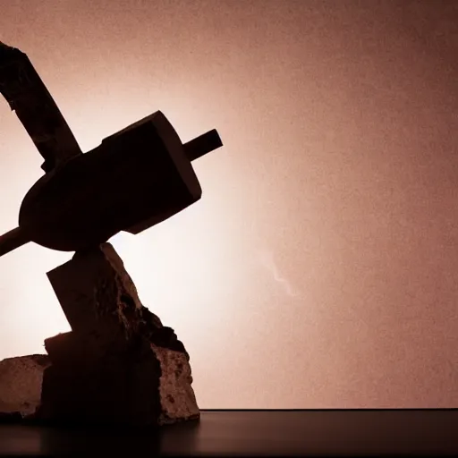 Prompt: studio photography of a wooden hammer smashing into a smashed ancient idol statue getting hammered into pieces, cracked, destroyed, dramatic lighting