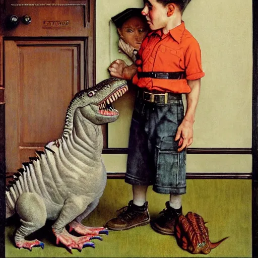 Prompt: a Norman Rockwell painting of a boy and his dinosaur