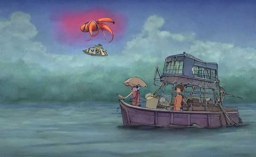 Prompt: a realistic cell - shaded studio ghibli concept art from paprika ( 2 0 0 6 ) of a flying multi - colored octopus from close encounters of the third kind ( 1 9 7 7 ) and small boat in a flooded stonehenge on a misty starry night. very dull colors, wide shot, hd, 4 k, hq