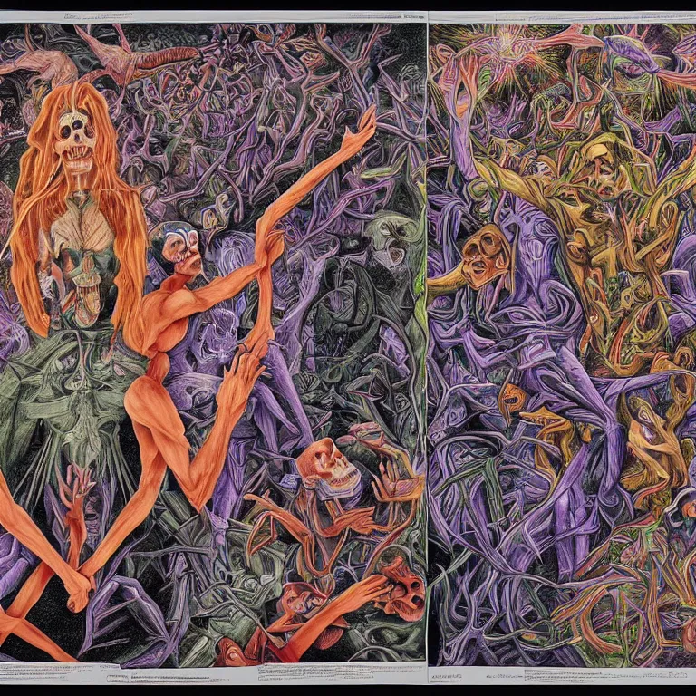 Image similar to transformation through death by Alex Grey and M. C. Escher collaboration