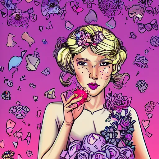 Image similar to Digital art of a princess with blonde hair and bangs, wearing a fancy pink ball dress and pearl earings, holding a pink and purple flower boquet in a light pink room by Dan Mumford and Sandra Chevrier, 4k