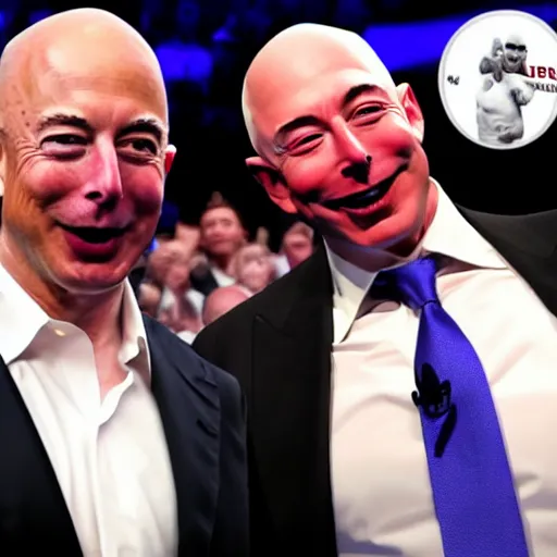 Image similar to elon musk vs jeff bezos in a boxing evening, direct professional video