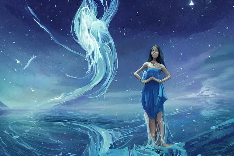 Image similar to beautiful Wizard Korean Goddess wearing chic dress relaxing at the Sea Of Stars of Vaadhoo Island Maldives, Bioluminescent sea plankton that shines bright blue during the night makes the sea area, glowing water, intricate, elegant, luxurious, digital painting, concept art, smooth, sharp focus, from Star Trek 2021, illustration, by WLOP and Ruan Jia and Mandy Jurgens and William-Adolphe Bouguereau, Artgerm