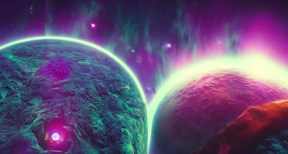 Prompt: masterpiece. octane render. view of the planet down below. space station pov. screenshot from the new sci - fi metroid film directed by denis villeneuve 4 k. cinema. close orbital of a new alien world nested within an asteroid belt nebula. purple and green lightning aurora upon it's surface.