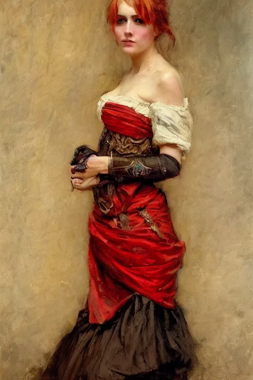 Image similar to Solomon Joseph Solomon and Richard Schmid and Jeremy Lipking victorian genre painting full length portrait painting of a young beautiful woman traditional german french pirate wench in fantasy costume, red background