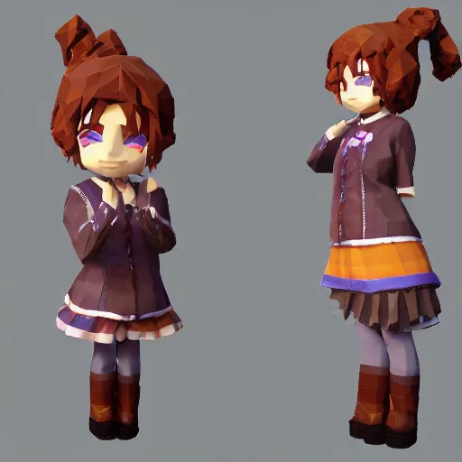 Prompt: ultra low poly modelling, isometric view, 1 6 bit colors, from touhou, a chibi girl, brown jacket with long sleeves, pigtails hair, volumetric lighting, fantasy, 4 k, intricate, hyper realistic, by blizzard, warcraft 3, backlit