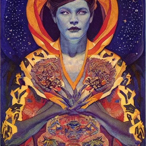 Image similar to the night crown, by Annie Swynnerton and Nicholas Roerich and Diego Rivera, embroidered robes, starry tattoos, elaborate costume, geometric ornament, symbolist, soft colors, dramatic lighting, smooth, sharp focus, extremely detailed