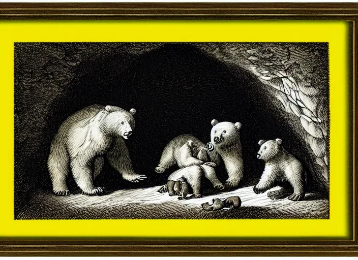 Prompt: Pieter Claesz's 'a bear and her cubs sleeping in a dark cave, lit by hole in roof', night time, cross hatching, framed, monochrome, yellow