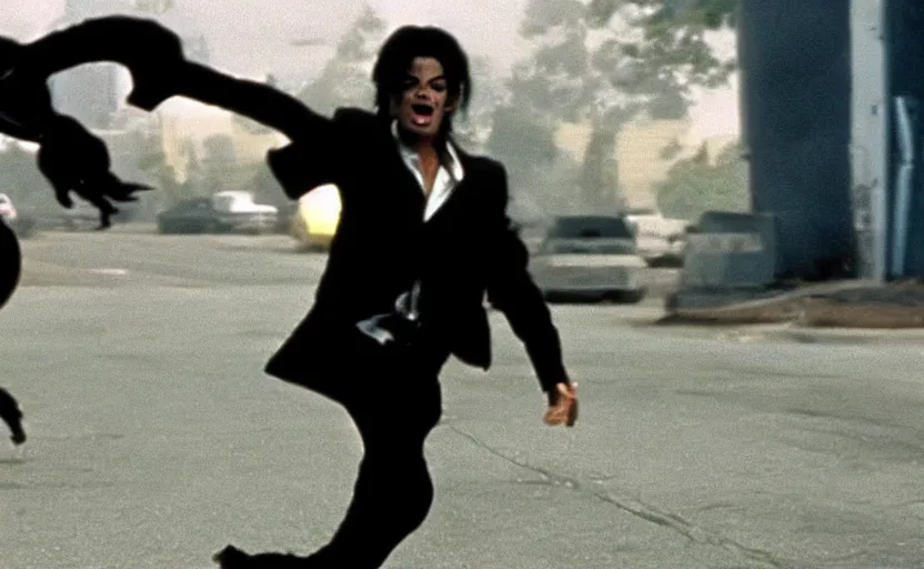 Prompt: michael jackson running after a alien in men in black