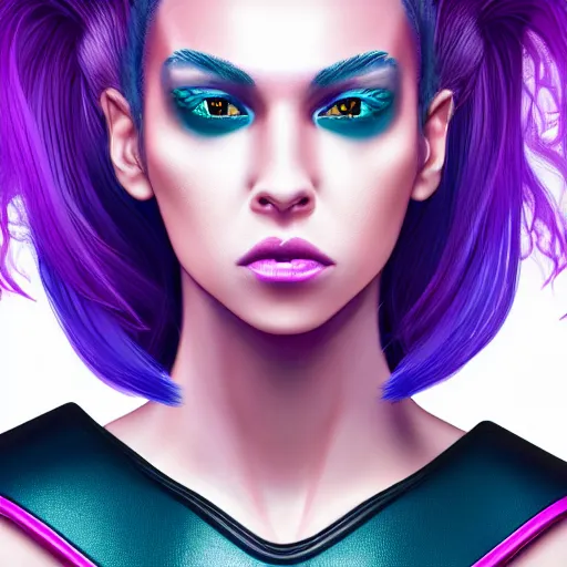 Image similar to a stunning upper body portrait of a beautiful woman with a ombre purple pink hairstyle with hair blowing in the wind wearing futuristic navy blue and teal battle bodyarmor and pauldrons by marvel comics, outrun, vaporware, highly detailed, fine detail, intricate, digital art, trending on artstation