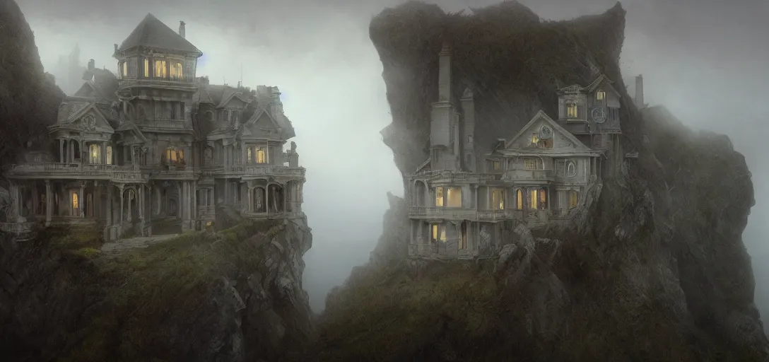 Prompt: victorian mansion hanging over a cliff by the ocean, horror, fog, scary, addams family style, 8k, james gurney, greg rutkowski, john howe, artstation