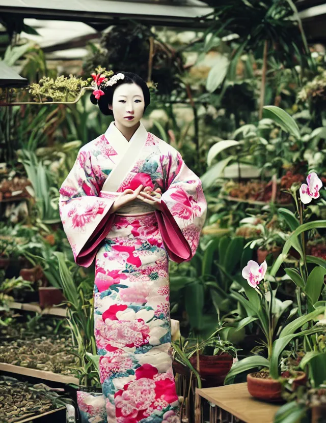 Prompt: fashion photograph of a beautiful Japanese woman wearing a traditional kimono in an orchid greenhouse, by Annie Leibowitz, extremely detailed, large format camera, Fuji Provia film, 85mm lens, bokeh, bokeh, blurred background, photorealistic, trending on instagram, trending on artstation