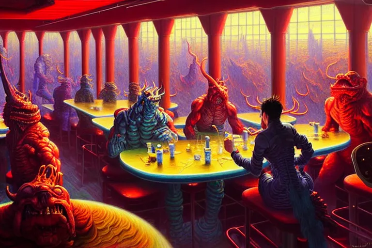 Prompt: Inside a diner at the edge of the universe where everyone will be safe. trending on Pixiv. trending on ArtStation. A vibrant digital oil painting. An absurdly-detailed fantasy illustration by Wayne Reynolds, Jason Chan, Jesper Ejsing, Charles Monet, Gustave Dore, Carl Critchlow, Bram Sels