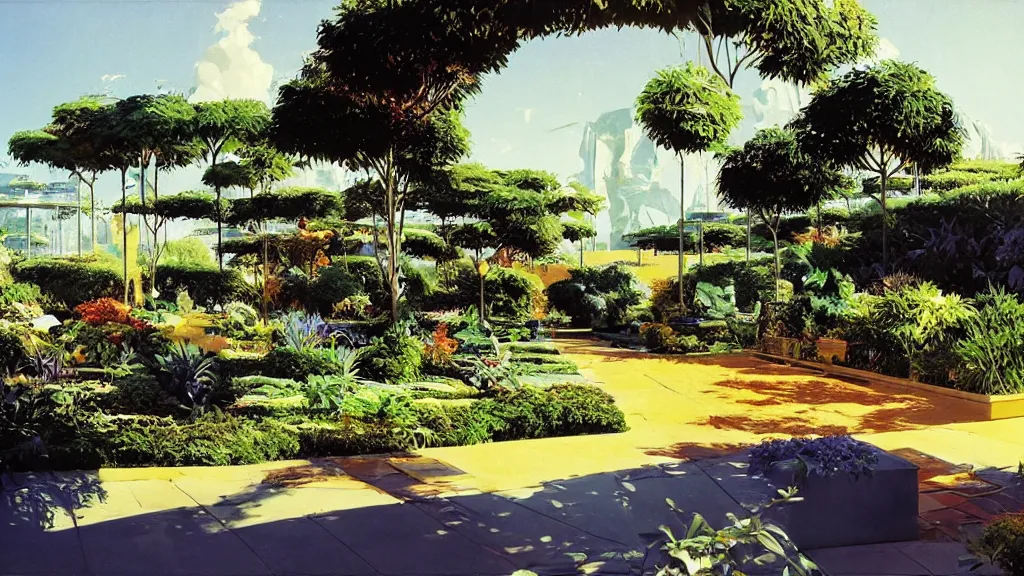 Image similar to an artificial garden with blue skies, landscape, syd mead,