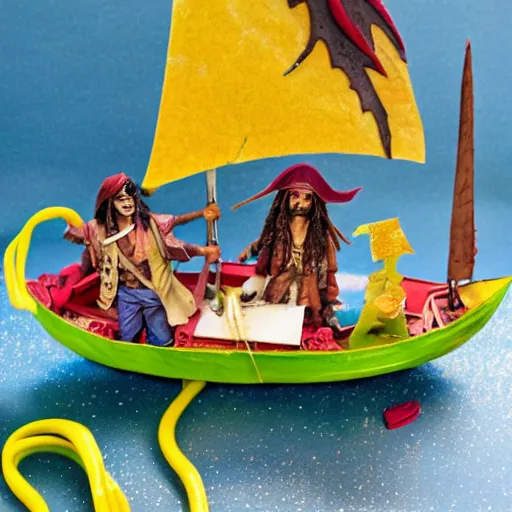 Prompt: Jack Sparrow on a paper boat in the middle of an ocean made out of slime