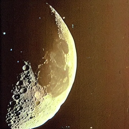 Prompt: the earth rising behind the moon's surface, taken by a polaroid camera.