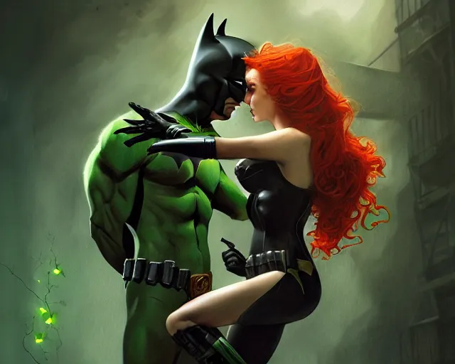 Image similar to poison ivy and Batman battle, illustration, artstation, cinematic lighting, hyperdetailed, cgsociety, 8k, high resolution, Charlie Bowater, Tom Bagshaw, Norman Rockwell, insanely detailed and intricate, prison background