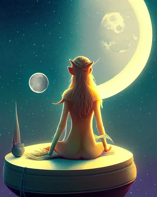 Prompt: beautiful painting of elven sitting on her flying bed and looking at the moon, art by mike winkelmann and by petros afshar, sky night, illustration, highly detailed, simple, smooth and clean vector curves, no jagged lines, vector art, smooth, artstation