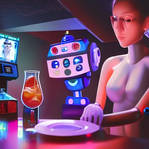 Image similar to a robot is at the sports bar and orders a drink from a cyberpunk (TY beanie baby puppy dog), 8k, ultrarealistic, cgsociety, old master.