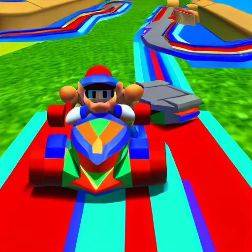 Image similar to thor on rainbow road, mario kart 6 4 screenshot, low poly, aliased