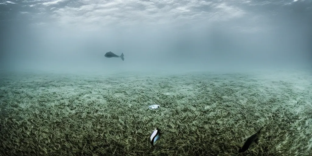 Image similar to a great photograph of the most amazing golf hole in the world under water, fish everywhere, perfect light, ambient light, 5 0 mm, golf digest, top 1 0 0, fog