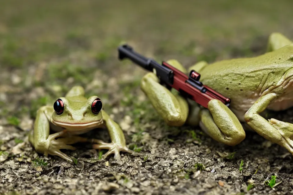 Prompt: muscular frog soldier holding a gun going to war, nature photography