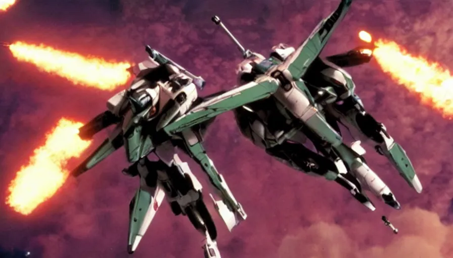 Image similar to full - color cinematic movie still from a live - action macross action film directed by michael bay. the scene features the valkyrie robots from macross fighting against zentradi in space or on planets, and changing to gerwalk mode. realistic robotech movie. highly - detailed ; photorealistic ; epic.