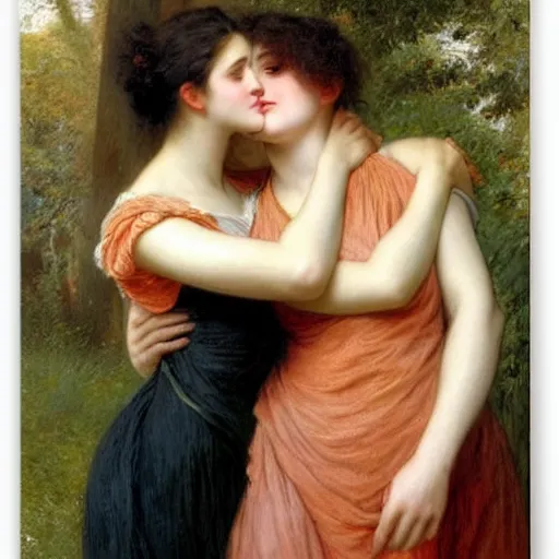 Image similar to young man in orange t - shirt and young woman with black hair hugging, by pierre - auguste cot