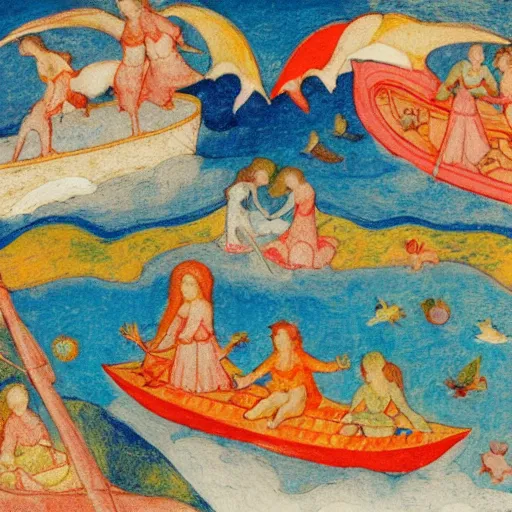 Prompt: The conceptual art depicts a group of well-dressed women and children enjoying a leisurely boat ride on a calm day. The women are chatting and laughing while the children play with a toy boat in the foreground. by Phoebe Anna Traquair flowing