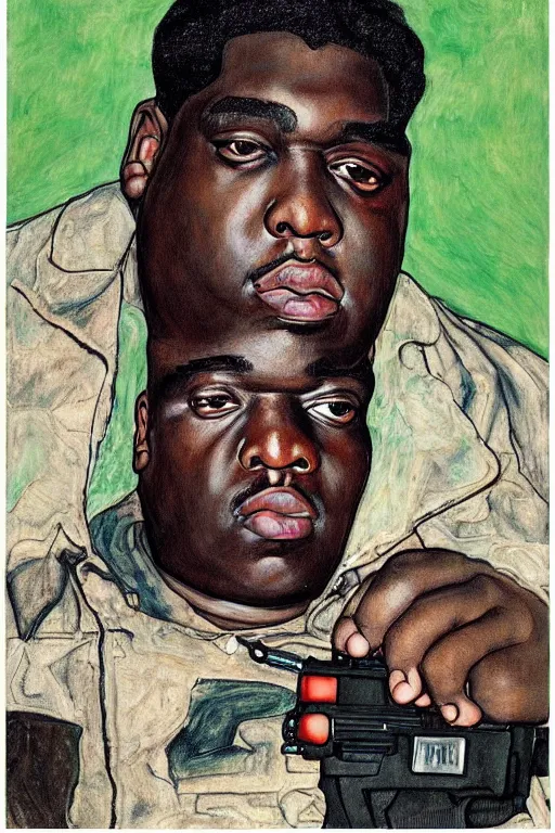 Image similar to a portrait of biggie smalls pointing an uzi toward the viewer by egon schiele, masterpiece, hyperdetailed, complex, intricate, old school, 9 0 s, 4 k, trending on artstation