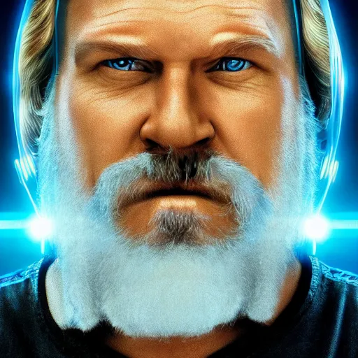 Prompt: dude lebowski played by jeff bridges ( accurate facial proportions ), in tron world, photorealistic movie still, detailed 8 k, poster style, high resolution