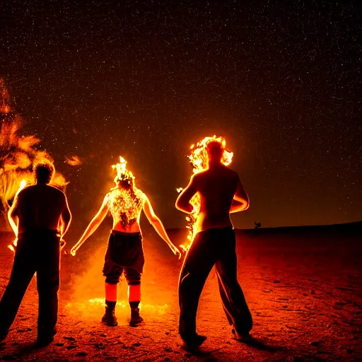 Image similar to photograph of three ravers photographed from behind, talking around a fire, photorealistic, dancefloor kismet, diverse costumes, clean composition, desert transition area, bonfire, night, australian desert, xf iq 4, symmetry, sony a 7 r, 1 5 0 mp, 5 0 mm