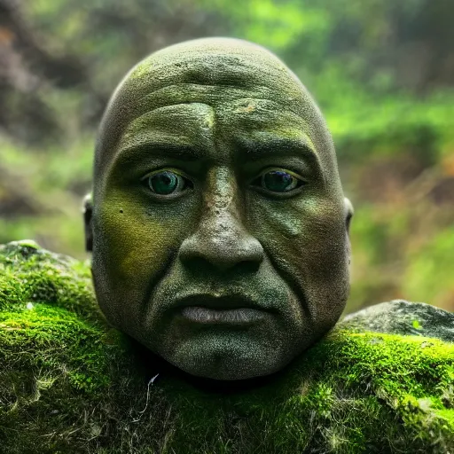 Image similar to a grey mossy rock with the face of dwayne johnson, shot on iphone 1