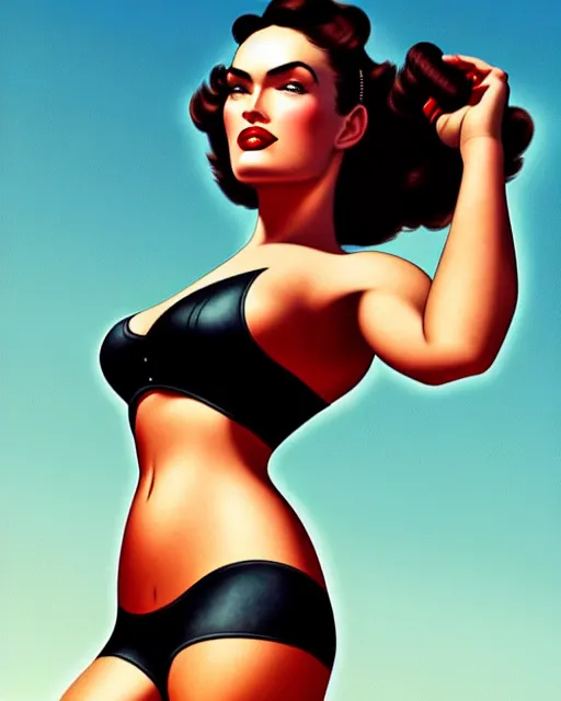 Prompt: gta v, low angle shot, beautiful retro space megan fox varga girl posing on a car in diesel punk city, windblown dark hair, retro pinup model, seductive, 1 9 4 0, hyper detailed, digital art, smooth, sharp focus, gil elvgren, anna dittmann alberto vargas,