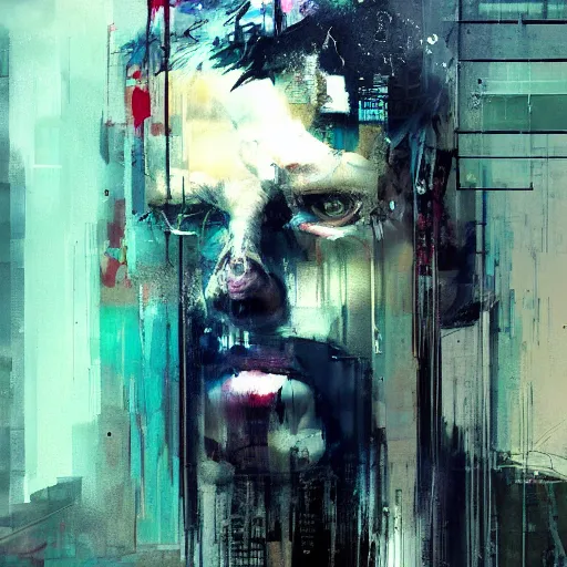 Image similar to portrait of a cyberpunk in a dark future noir city by jeremy mann, francis bacon and agnes cecile, ink drips, paint smears, digital glitches glitchart c - 1 0