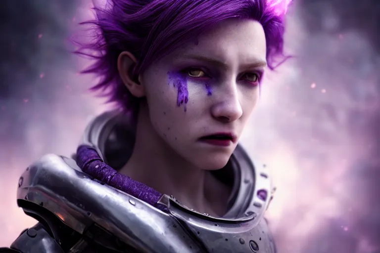 Image similar to an ultra realistic, cinematic, close up portrait, of a vampire with purple hair, soft light, dreamy, facial features, standing in a space ship wreck, sci - fi armor, detailed, deep focus, movie still, dramatic lighting, ray tracing, by michal karcz and yoshitaka and david cronenberg