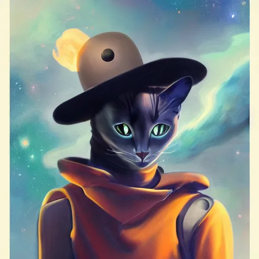 Image similar to a half robot cat wearing a hat medium shot, asymmetrical, profile picture, organic painting, nebula, matte painting, bold shapes, hard edges, street art, trending on artstation, by huang guangjian and gil elvgren and sachin teng