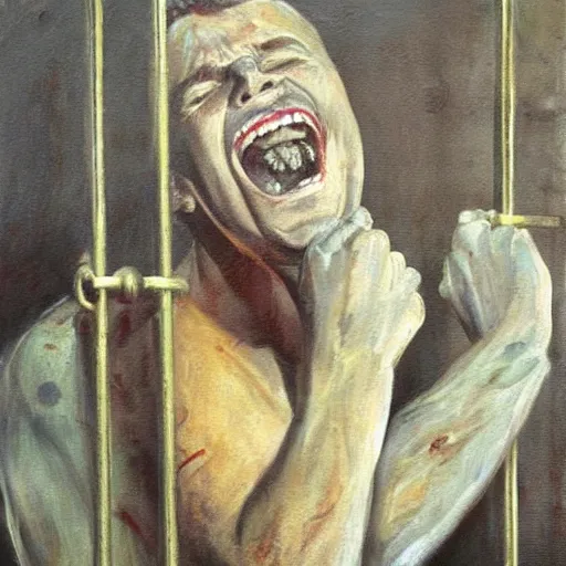Image similar to a screaming prisoner holding prison bars, realism old painting