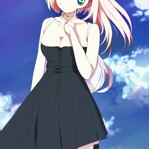 Image similar to White Fox anime, Kyoto animation, Wit studio anime, woman, black dress, rooftop party, symmetrical faces and eyes symmetrical body, middle shot waist up, romantic lighting, 2D animation