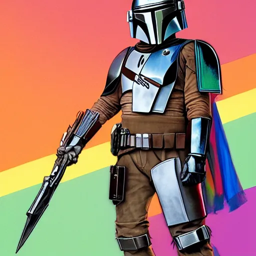 Image similar to the mandalorian's cape is a rainbow pride flag by ilya kuvshinov katsuhiro otomo