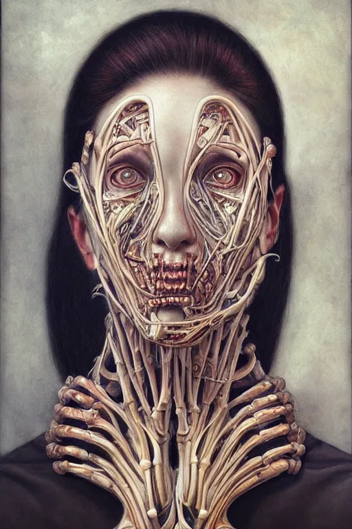 Prompt: beautiful portrait of biomechanical being by marco mazzoni, remnev andrey, detailed, realistic skin color
