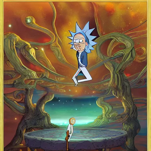 Prompt: The Sapiential sage dreaming with magical reflections of knowledge lost in time ultra high quality surrealism style of rick and Morty