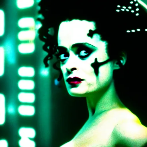 Image similar to cinematic portrait of shocked helena bonham carter as bride of frankenstein as a replicant in a busy nightclub,, still from the movie bladerunner, fashion photography, a sign is in the background, 8 k, high detail, face in focus