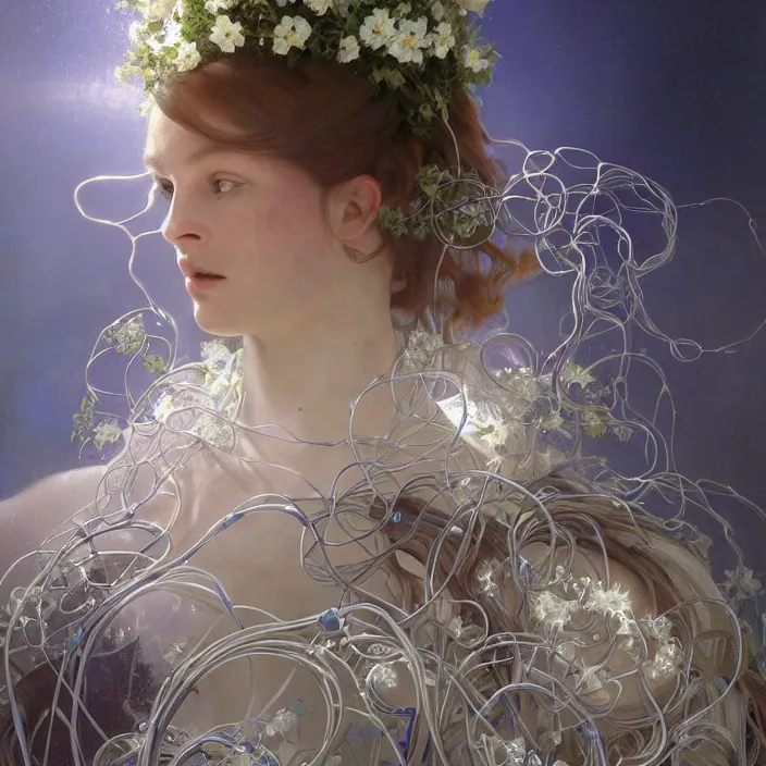 Prompt: hyperrealist portrait of a 2 0 4 4 space sport engineer, it is decorated with long wires and white flowers that fall like vines and wears a huge computer crown. by jeremy mann and alphonse mucha, fantasy art, photo realistic, dynamic lighting, artstation, poster, volumetric lighting, very detailed faces, 8 k, award winning