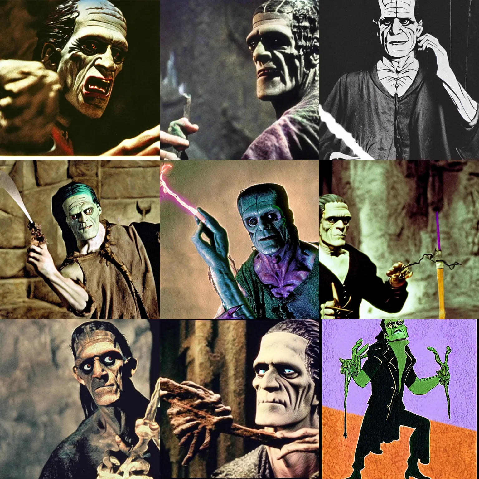 Prompt: foto of frankenstein casting a spell with wand, restored color