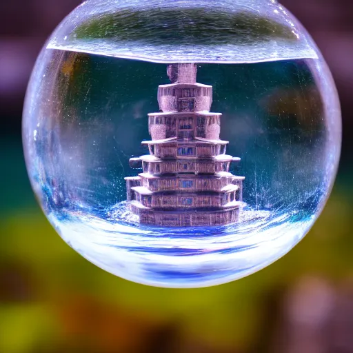 Image similar to macro photo of a temple inside a water sphere, depth of field, highly detailed photo