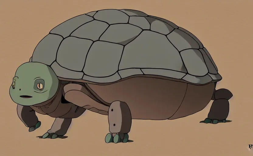 Image similar to a study of cell shaded cartoon of a grey mechanized turtle from howl's moving castle ( 2 0 0 4 ) on a desert road, full body, wide shot, muted colors, post grunge, studio ghibli, laurie greasley, highly detailed, deviantart, art by artgem