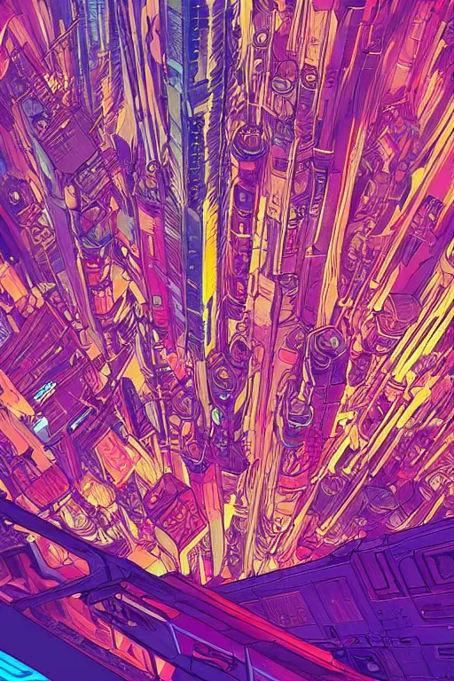 Image similar to astronaut cyberpunk surreal upside down city, neon lights, cell shaded by moebius, Jean Giraud, trending on artstation