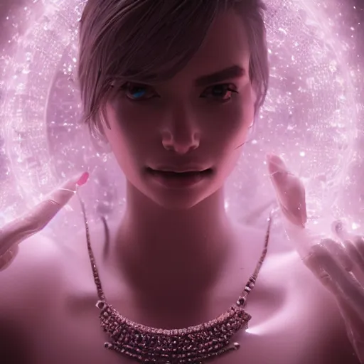 Prompt: full body detailed, ethereal, human body, covered in diamonds and other gems glowing, highly detailed face, elegant posed, intricate, extremy detailed, beeple, cgsociety, 3 d unreal engine octane render. cinematic lighting, highly detailed 4 k art
